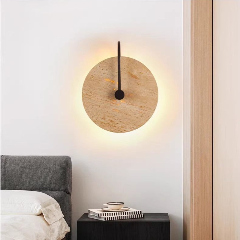 Traditional Vintage Round Curved Yellow Travertine Iron 1-Light Wall Sconce Lamp For Bedroom