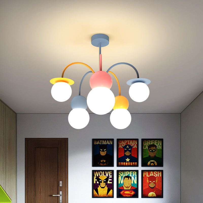 Contemporary Creative Macaron Kids Round Orb Iron Glass Aluminum LED Semi-Flush Mount Ceiling Light For Bedroom