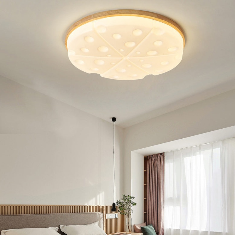 Contemporary Creative Rubber Wood Iron PVC Round Cheese LED Flush Mount Ceiling Light For Bedroom
