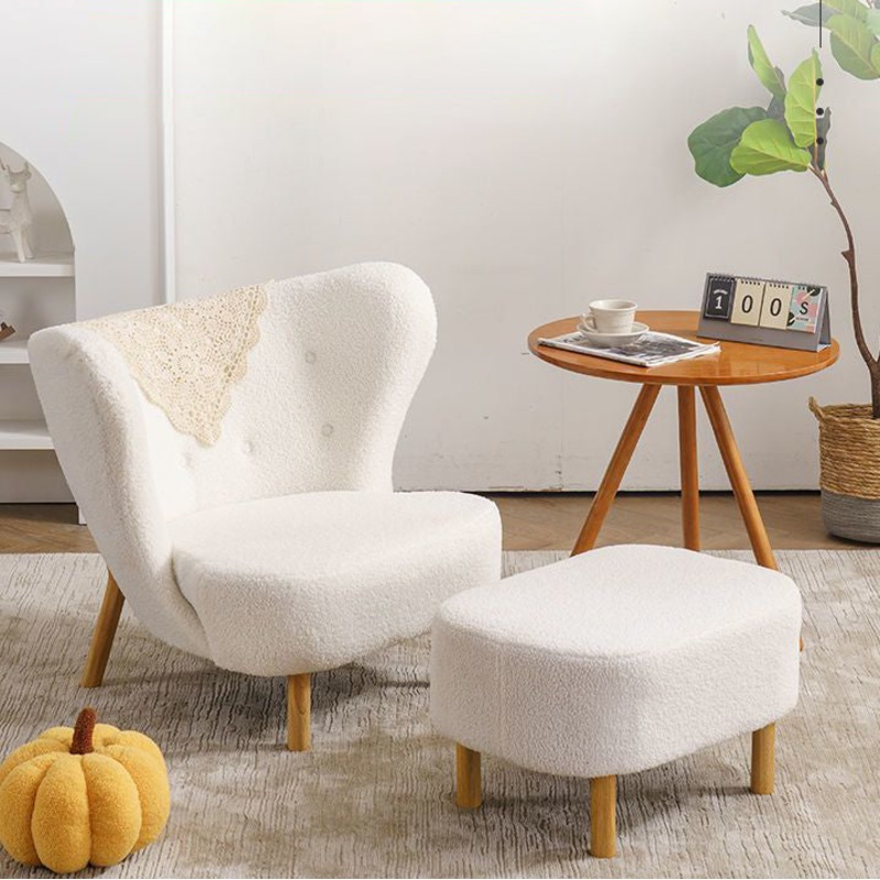 Contemporary Nordic Lambswool Corduroy Plush Wood Curved Accent Chair Backrest Footrest For Living Room