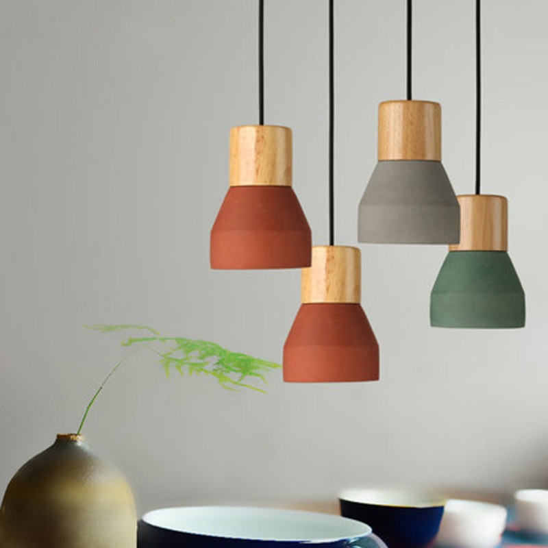 Contemporary Scandinavian Cement Wood Hardware Conic Round 1-Light Pendant Light For Dining Room