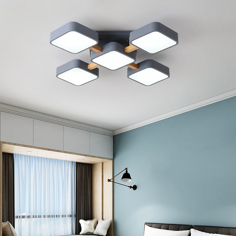 Contemporary Scandinavian Macaron Solid Wood Square Acrylic Shade LED Semi-Flush Mount Ceiling Light For Living Room