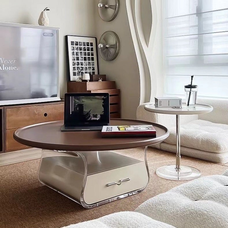 Contemporary Scandinavian Round Cream Artificial Board Acrylic Stainless Steel Coffee Table 1 - Drawer For Living Room