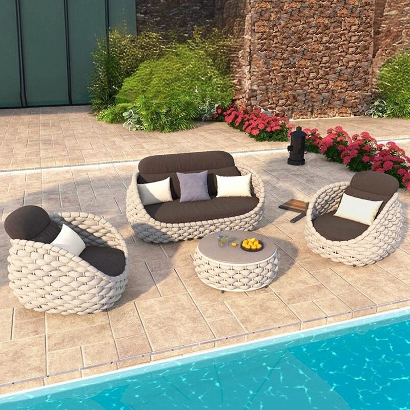 Contemporary Scandinavian Weaving Fabric Aluminum Alloy Round Arc Outdoor Coffee Table & Chair Set For Outdoor Patio