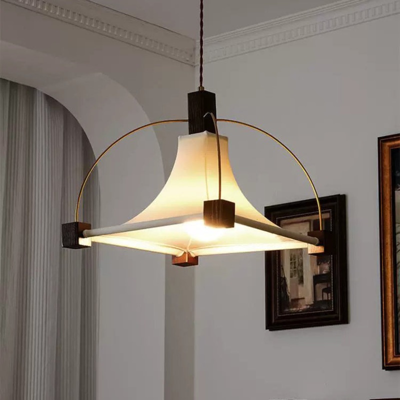 Modern Mid-Century Pyramid Ash Wood Alloy Fabric 1-Light Pendant Light For Bedroom