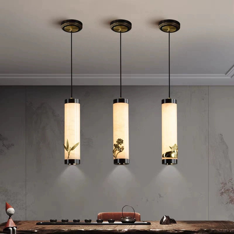 Traditional Chinese Brass Mable Cylinder Lotus Orchid Plum Blossom Bamboo LED Pendant Light Spotlight For Bedside