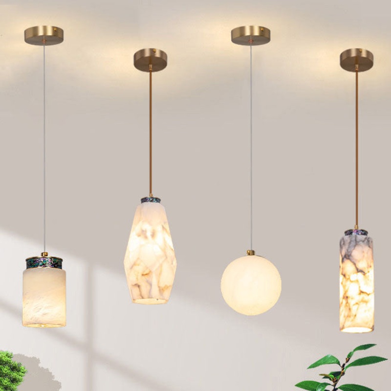Traditional Chinese Brass Marble Ball Cylinder 1-Light Pendant Light For Bedside