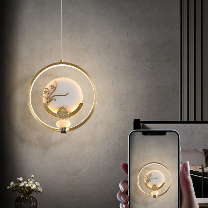 Traditional Chinese Copper Marble Acrylic Circle Gourd Flower Leaf Animal LED Chandeliers For Hallway