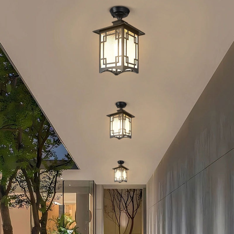 Traditional Chinese Dome Square Cube Aluminum Iron Glass Waterproof 1 - Light Semi-Flush Mount Ceiling Light For Hallways
