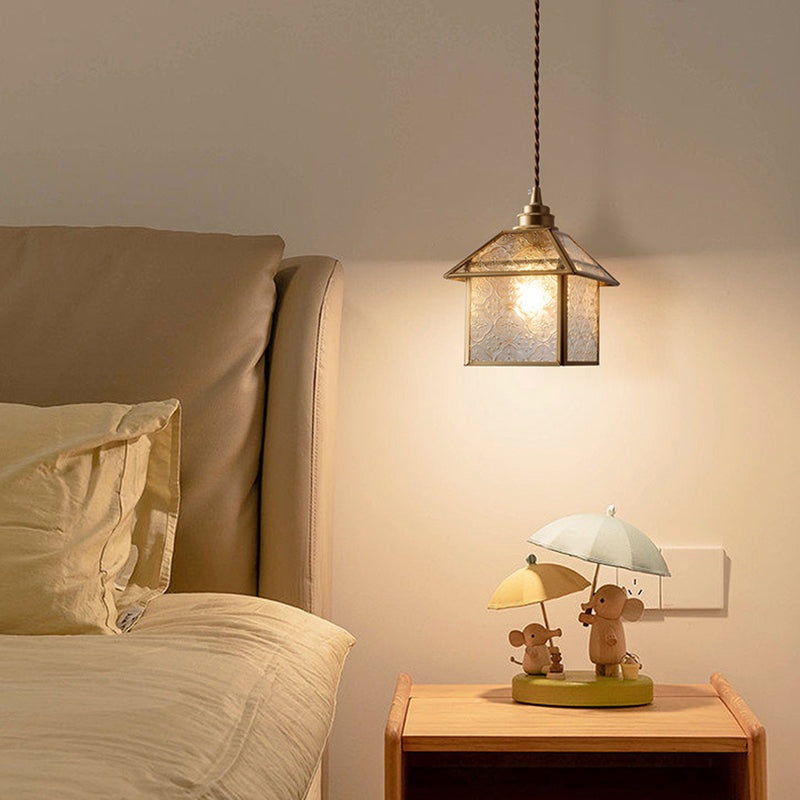 Traditional Chinese House Shape Square Glass Copper 1-Light Pendant Light For Living Room
