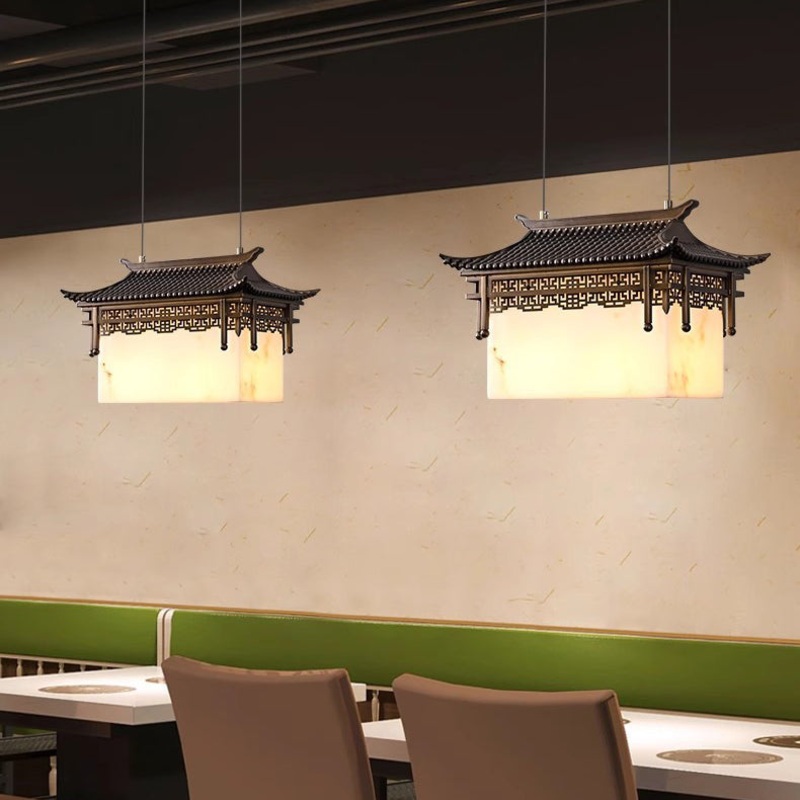 Traditional Chinese Metal Resin Imitation Marble Antique Attic Pavilion Spotlight 2-Light Chandeliers For Dining Room