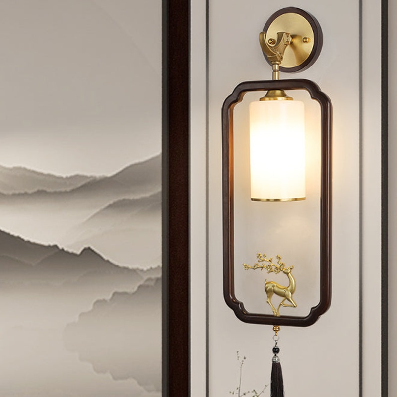 Traditional Chinese Polygonal Copper Frame Cylindrical Glass Lampshade Walnut 1 - Light Wall Sconce Lamp For Living Room
