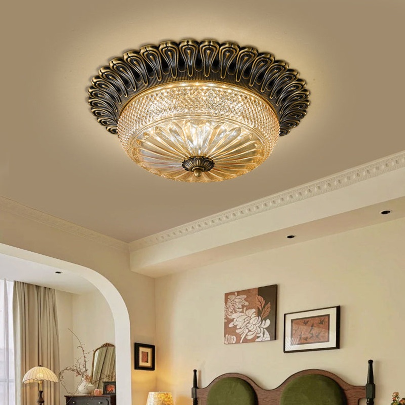 Traditional European Copper Glass Round Relief Sculpture LED Flush Mount Ceiling Light For Bedroom