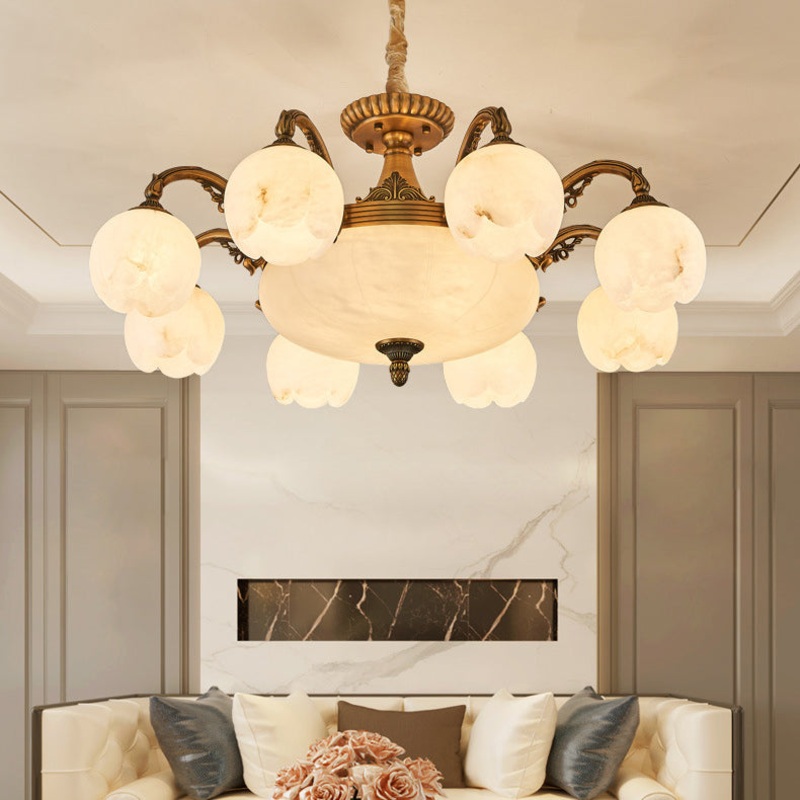 Traditional European Copper Marble Bud Round Carved 3/5/9/12/16 Light Chandeliers For Living Room