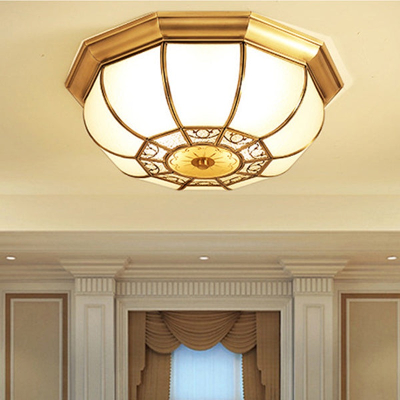 Traditional European Copper Printed Glass Round Petal 3/4/6 Light Flush Mount Ceiling Light For Bedroom