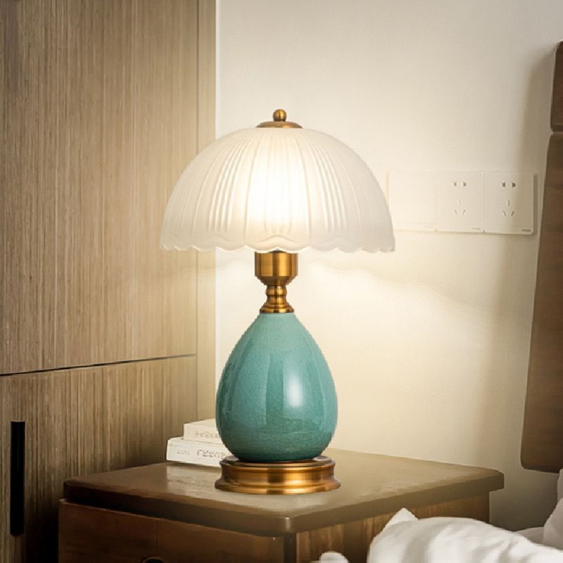 Traditional European Lace Half Round Dome Glass Shade Ceramic Teardrop Base 1-Light Table Lamp For Bedroom