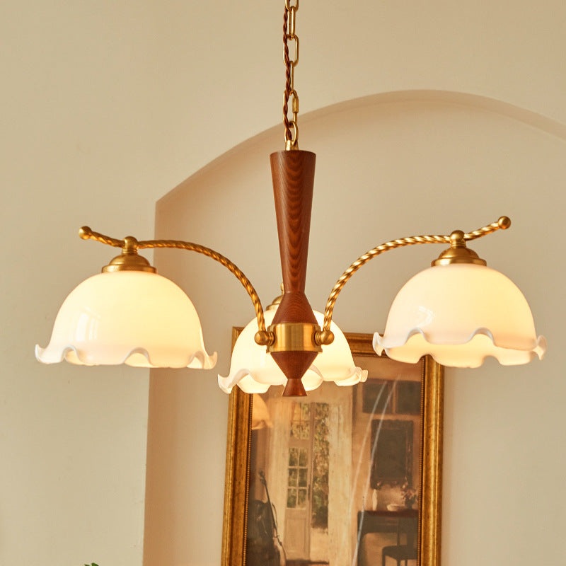 Traditional French Branch Flower Glass Shade Wooden Full Copper 3/5 Light Chandelier For Living Room