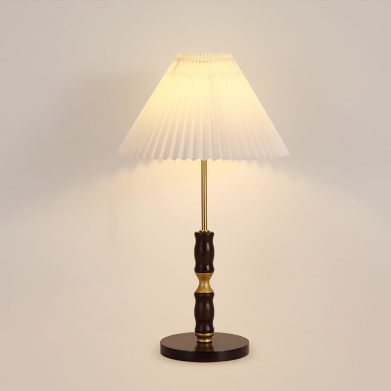 Traditional French Cylinder Cone Stripe Pleated Fabric Shade Solid Wood Metal 1-Light Table Lamp For Bedroom
