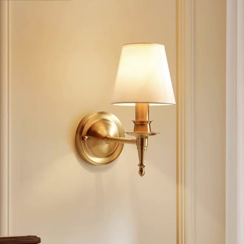Traditional French Scalloped Round Fabric Copper 1/2 Light Wall Sconce Lamp For Living Room