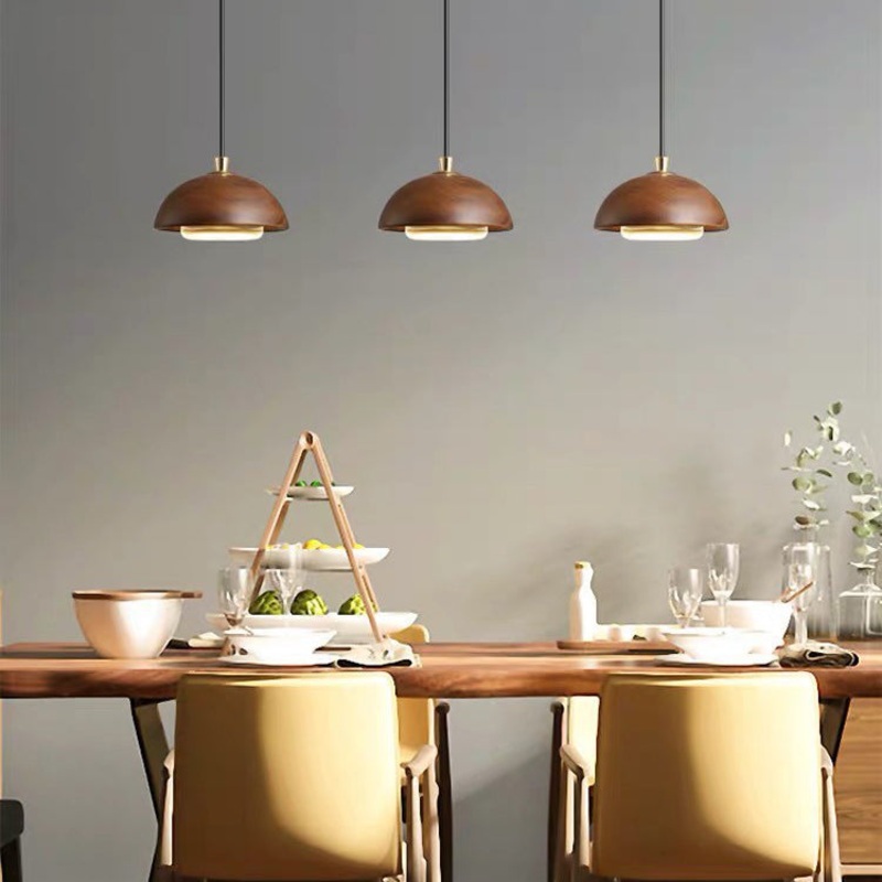 Traditional Japanese Round Semi-circle Iron Wood Glass LED Pendant Light For Dining Room