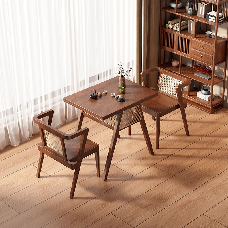 Traditional Japanese Weaving Rattan Rubber Wood Square Storage-Friendly Coffee Table & Chair Set For Living Room