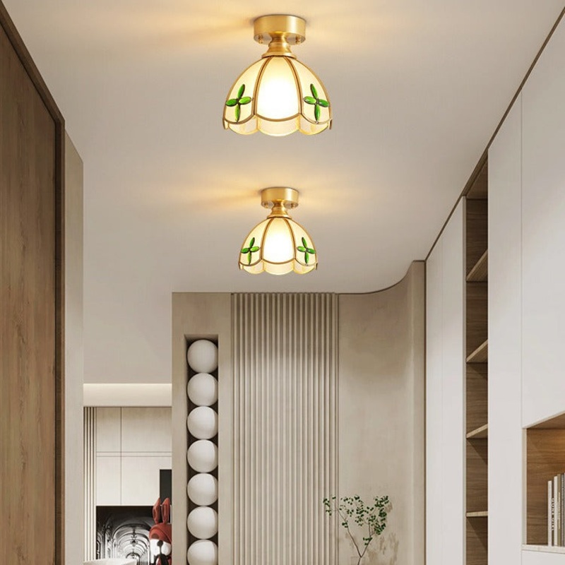 Traditional Vintage Round Leaf Umbrella Glass Copper 1-Light Semi-Flush Mount Ceiling Light For Living Room