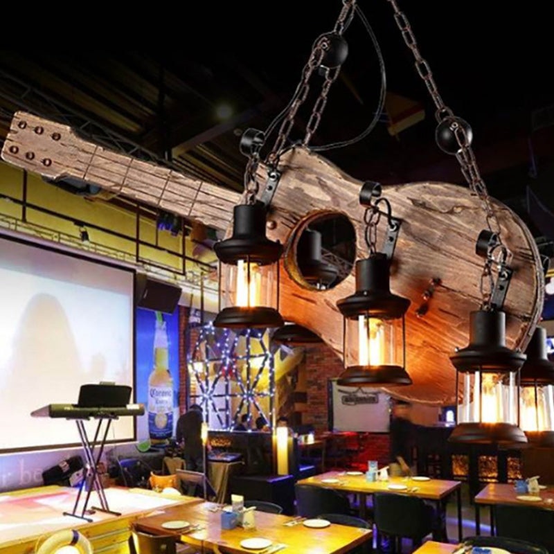 Contemporary Creative Guitar Shape Solid Wood Iron 6 - Light Chandelier For Bar