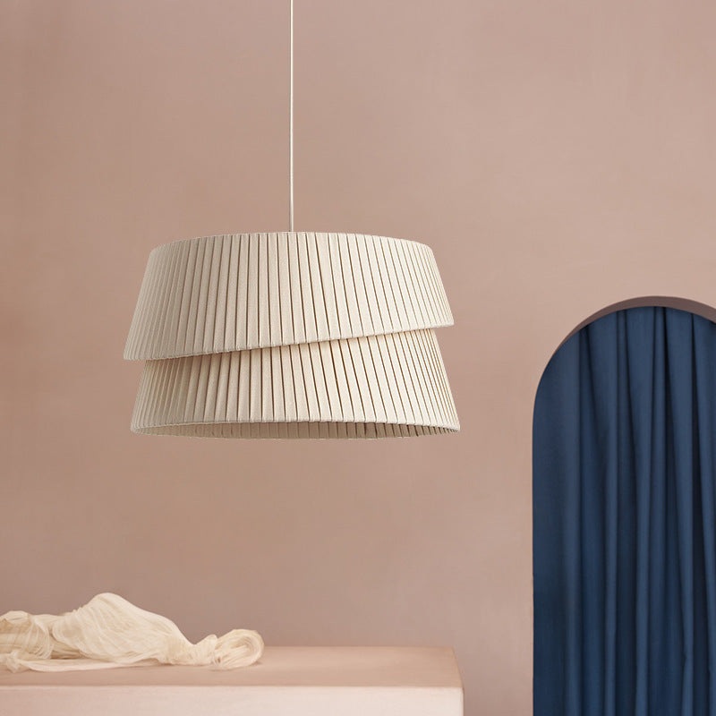 Contemporary Nordic Cream Round Trapezoidal Stripe Fabric Shade Hardware 1-Light Pendant Light For Living Room