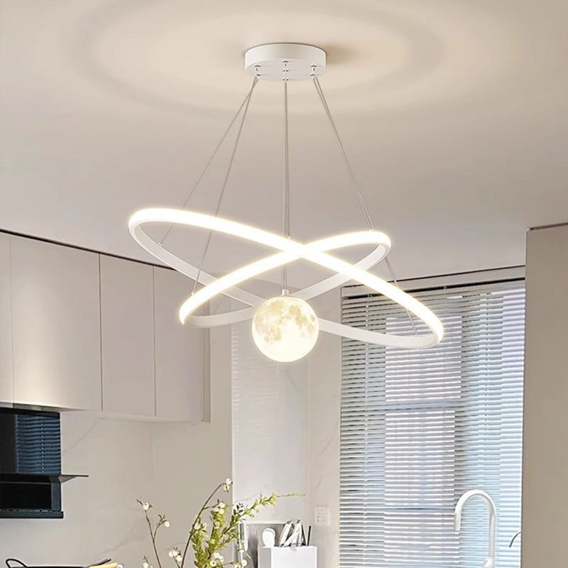 Contemporary Nordic Moon Circle PVC Iron LED Chandelier For Bedroom