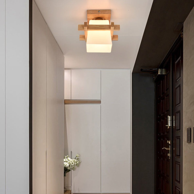 Contemporary Scandinavian Square Wood Glass 1-Light Semi-Flush Mount Ceiling Light For Dining Room