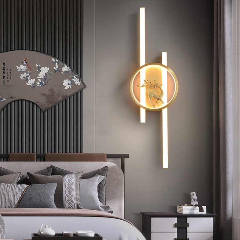 Traditional Chinese Round Strip Plum Deer Full Copper Silicone LED Wall Sconce Lamp For Bedroom