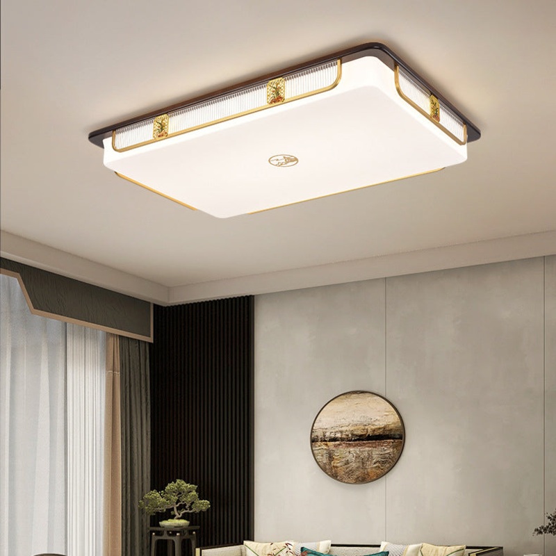 Traditional Chinese Sandalwood Hardware Stainless Steel Acrylic Rectangular Square Round Cymbidium LED Flush Mount Ceiling Light For Living Room