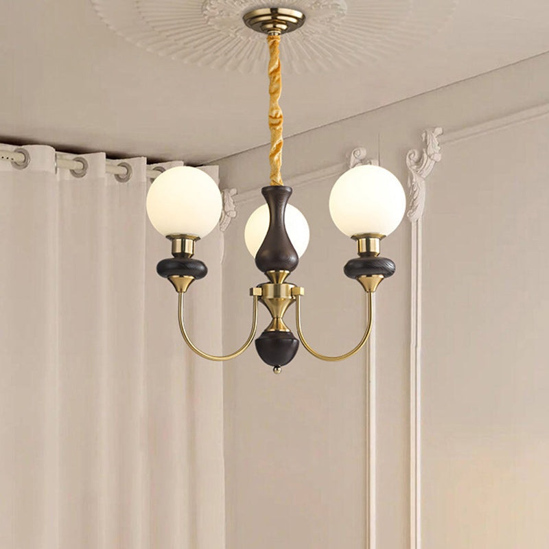 Traditional French Branch Magic Bean Curved Round Glass Walnut Brass 3/6/8/10 Light Chandelier For Living Room
