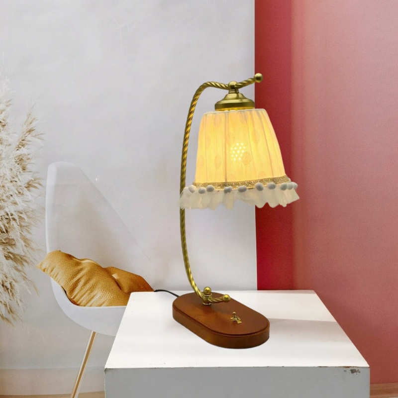 Traditional French Fabric Metal Wood Lace Conic 1-Light Table Lamp For Bedside