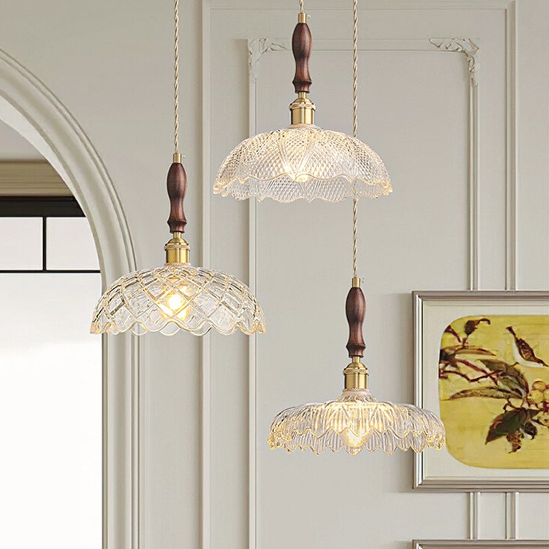 Traditional French Round Flower Petal Buds Glass Shade Wood Aluminum 1-Light Pendant Light For Living Room
