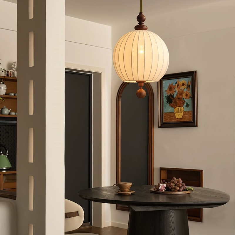 Traditional Japanese Spherical Fabric Shade Ash Wood 1-Light Pendant Light For Living Room