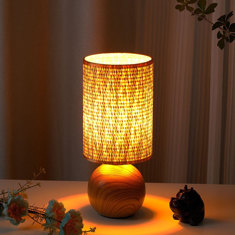 Traditional Vintage Cylinder Ball Ceramic Wood Fabric 1-Light Table Lamp For Bedroom