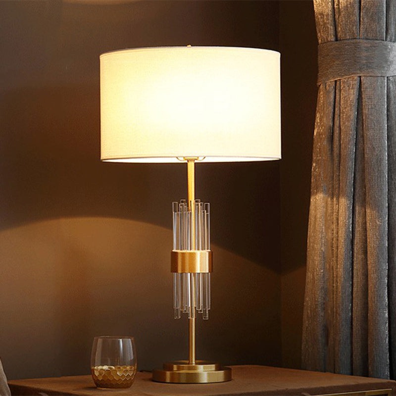 Traditional Vintage Cylinder Copper Crystal Fabric 1-Light Table Lamp For Living Room