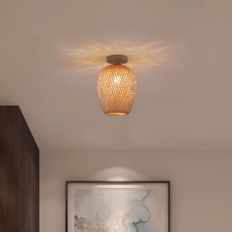 Contemporary Boho Hollow Lantern Shape Bamboo Weaving Wood 1 - Light Semi-Flush Mount Ceiling Light For Hallways