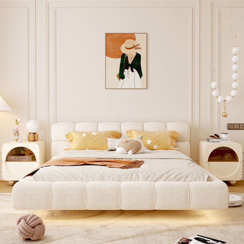 Contemporary Scandinavian Cream Cute Square Density Plate Glass Wood Stainless Steel Nightstand 2-Drawer For Bedroom