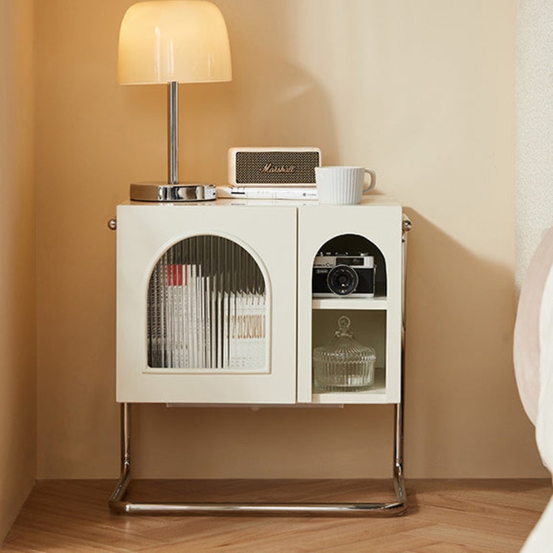 Traditional French Cream Square Density Plate Glass Stainless Steel Nightstand 1-Cabinet For Bedroom