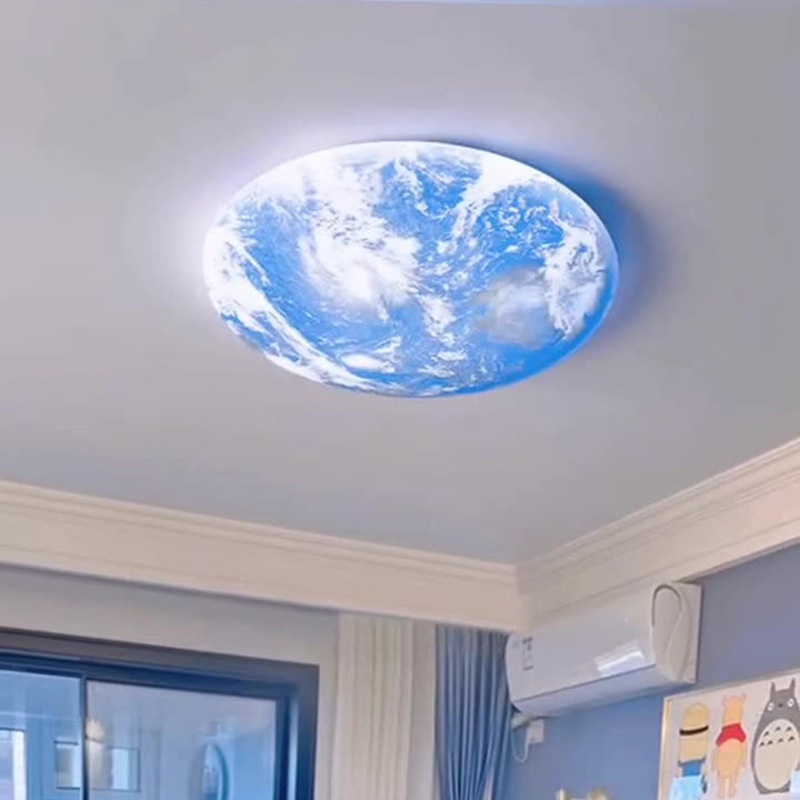 Contemporary Creative Moon Earth Semicircle Solid Wood Iron Acrylic LED Flush Mount Ceiling Light For Bedroom