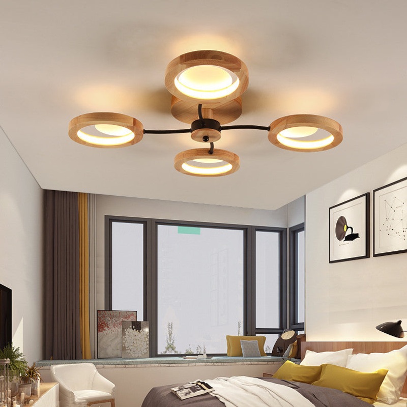 Contemporary Nordic Dome Round Solid Wood Acrylic Lampshade LED Semi-Flush Mount Light For Living Room