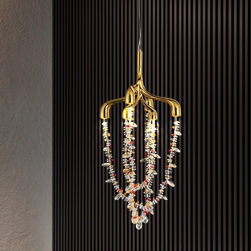 Modern Art Deco Copper Crystal Pendant Beads 6-Light Chandeliers For Dining Room