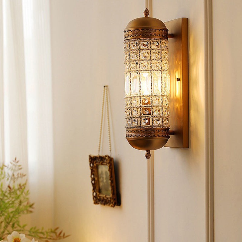 Traditional French Cylinder Iron Crystal Lampshade 1 - Light Wall Sconce Lamp For Living Room
