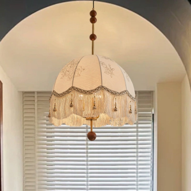 Traditional French Dome Round Tassel Floral Printed Fabric Shade Wooden Iron Frame 3-Light Pendant Light For Living Room