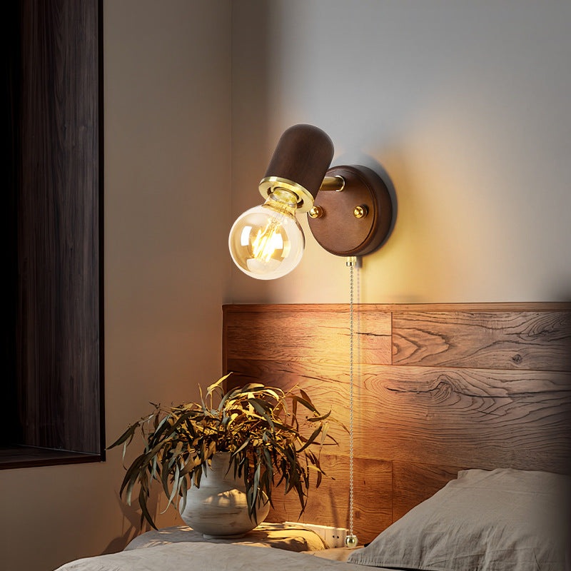 Traditional Japanese Solid Wood Base Glass Lampshade Hardware 1 - Light Wall Sconce Lamp For Bedroom