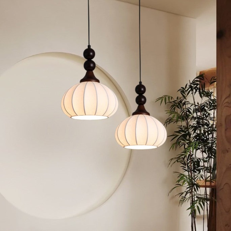 Traditional Vintage Round Ball Bead Silk Shade Wooden Iron 1-Light Pendant Light For Living Room