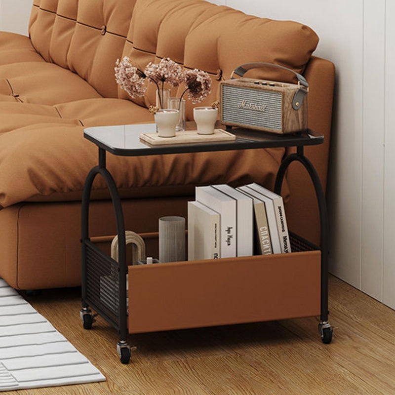 Contemporary Luxury Rectangular Glass Iron Leather End Table 2-Tier For Living Room