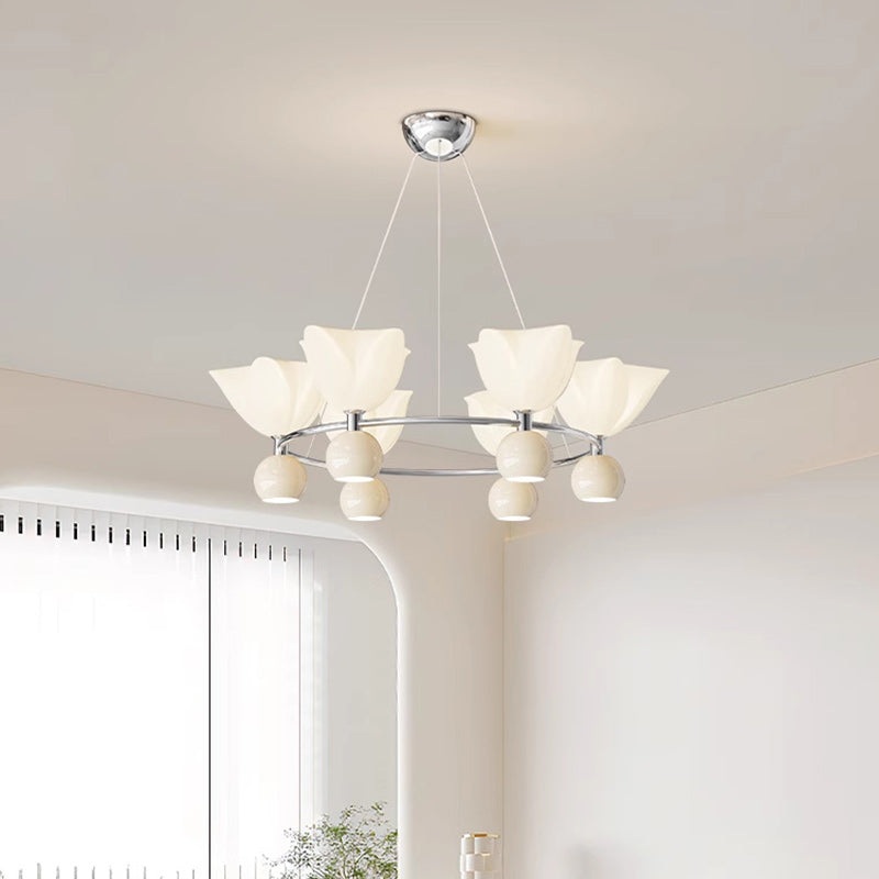 Contemporary Nordic Cream Flower Round Ball Aluminum PC Hardware LED Chandelier For Living Room
